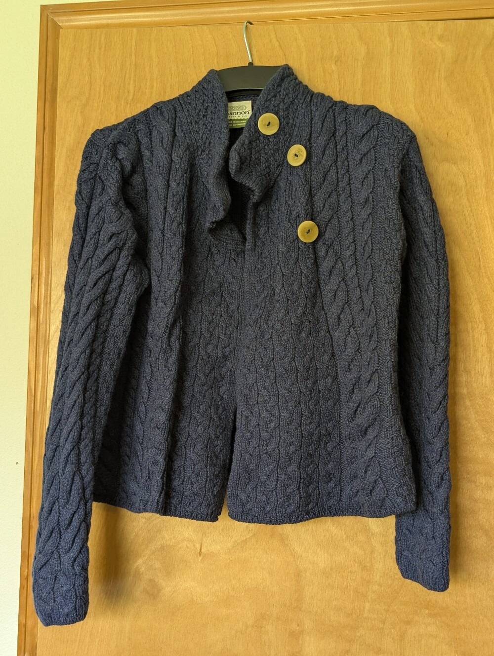 Shannon by Aran Woollen Mills Navy Cable-Knit Teddy Jacket with Contrast Buttons